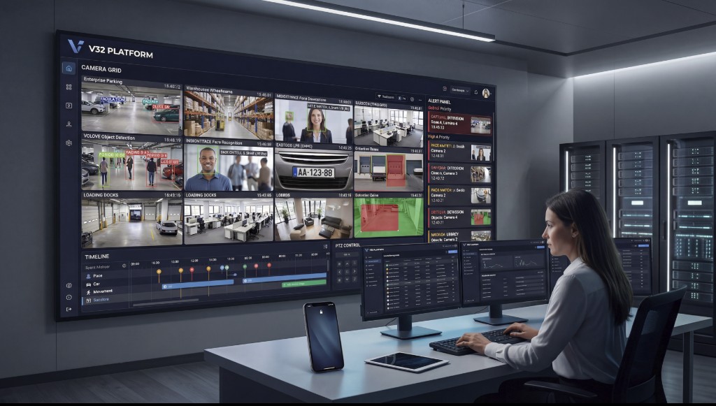 Module V32 — vidéosurveillance IA multi-caméras, dashboard temps réel